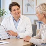 Dr. Maximilian Kasparek explains the preparation before a hip or knee operation to a patient