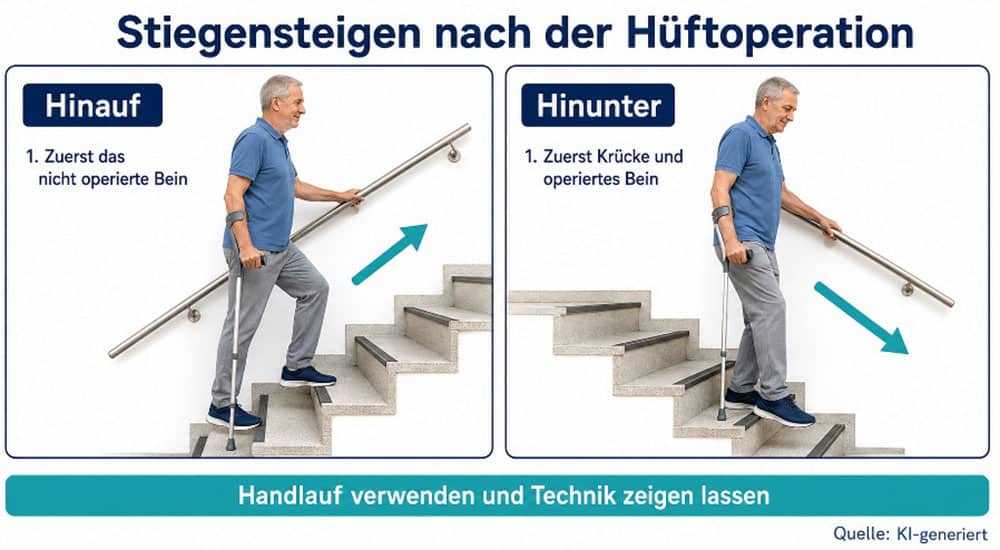 steigensteigen-nach-hueftoperation Stiegensteigen mit Handlauf und Krücken nach einer Hüftprothesen-Operation